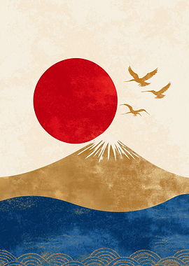 Mount Fuji Sunrise with Cranes