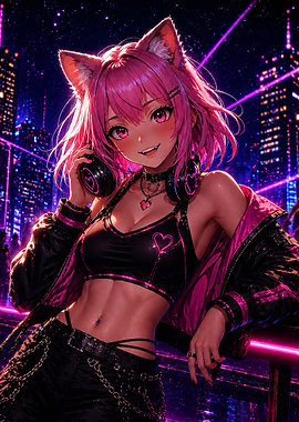 Anime Cat Girl DJ in Neon City