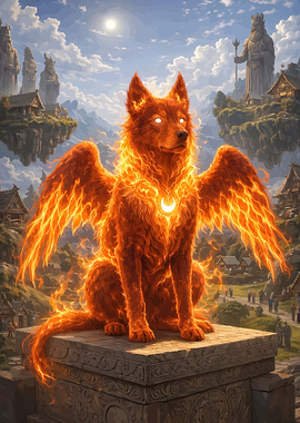 Fiery Winged Wolf Statue
