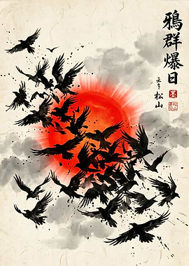 Japanese Crow Print — Black Ravens Red Sun Ink Art, Japanese Wall Art, Dark Bird Poster, Sumi-e Art Print