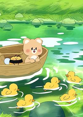 Cute bear and bee on a boat with ducklings