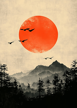 Birds flying over misty mountains at sunset