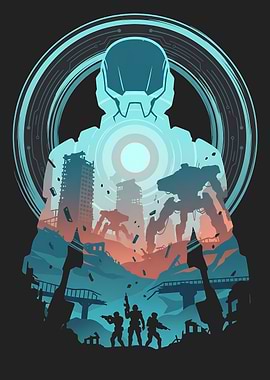 Sci-fi Soldier Silhouette in Ruined City