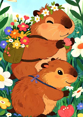 Two Cute Capybaras in a Field of Flowers
