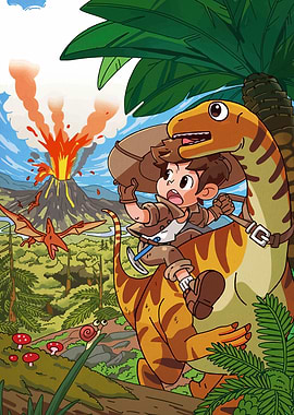 Boy riding a dinosaur near volcano