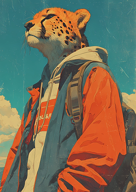 Cheetah in Retro Jacket and Backpack Vintage