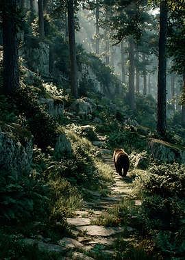 Bear walking on a forest path