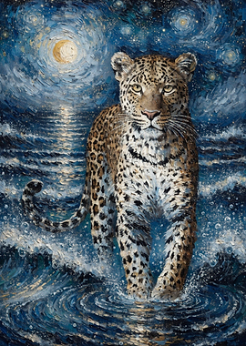 Leopard in Starry Night Water