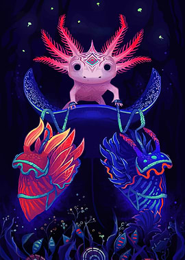 Axolotl and Bioluminescent Sea Creatures