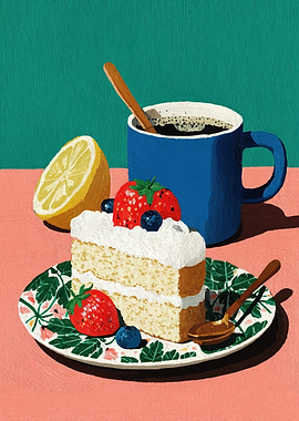Slice of cake with berries and coffee