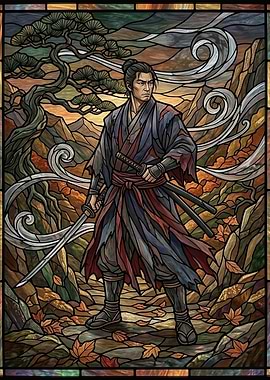 Samurai in Stained Glass Style