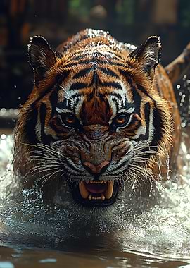 Fierce Tiger Emerging from Water