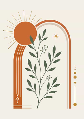 Scandinavian Sun Botanical Wall Art – Minimalist Nordic Arch Poster