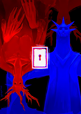 Surreal Keyhole Between Red and Blue Figures