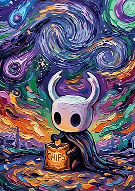 Hollow Knight Eating Chips Under Starry Sky