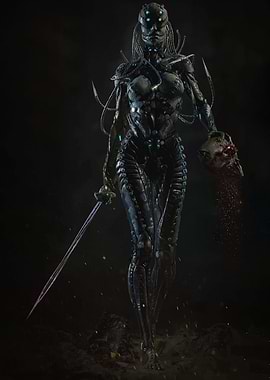 Cybernetic Warrior with Sword and Skull