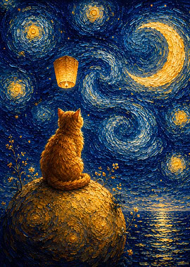 Cat Gazing at Starry Night Sky