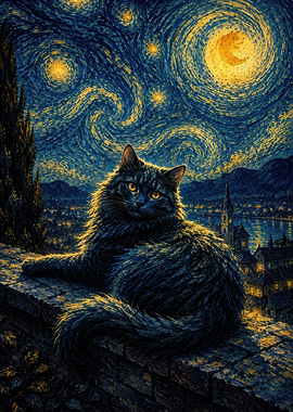 Cat in a Starry Night Cityscape