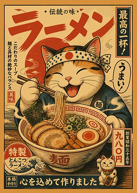 Cute Ramen Cat Japanese Vintage Poster Wall Art | Kawaii Anime Kitchen Decor