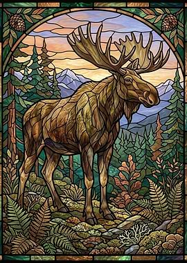 Stained Glass Moose in Forest