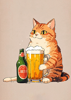 Cat with Beer and Bottle