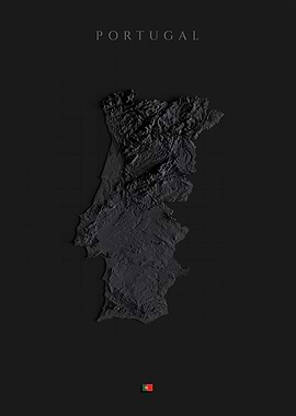 Portugal Topographic Map - Dark Shaded Relief, 3D Elevation Poster