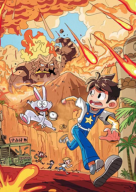 Boy and Rabbit Fleeing Volcanic Eruption