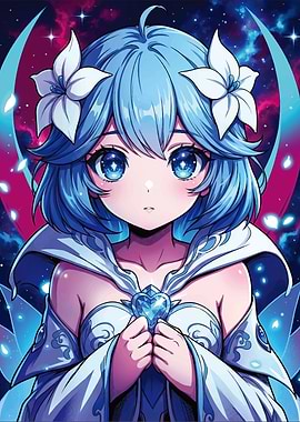 Anime Girl with Blue Hair and Flowers