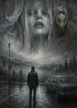 Surreal Rainy Landscape with Giant Face