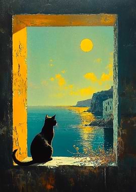 Black Cat Gazing at Coastal Sunset