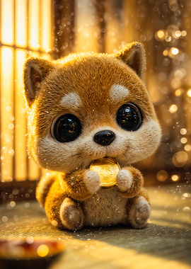 Cute Shiba Inu Puppy Holding Golden Coin