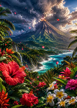 Volcanic Eruption Over Tropical Paradise