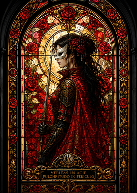 Stained Glass Warrior Woman with Sword