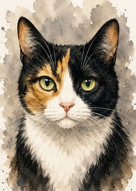Calico Cat Watercolor Portrait