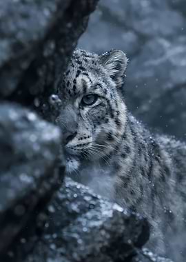 Snow Leopard Peeking from Rocks