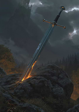 Fiery Sword in a Dark Landscape