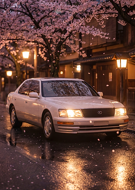 White Lexus LS400 in Cherry Blossom Lane