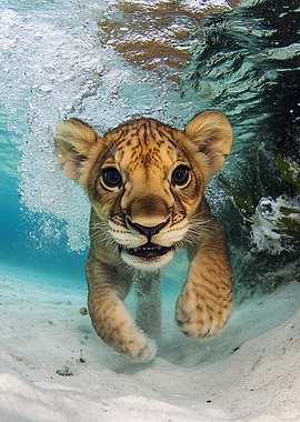 Lion cub swimming underwater