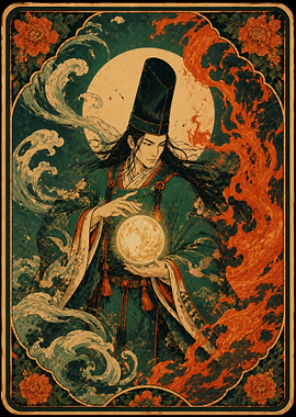 Mystical Asian Man Holding Orb Tarot Card