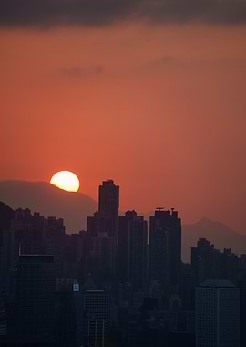 Sunset over City Skyline of Hongkong