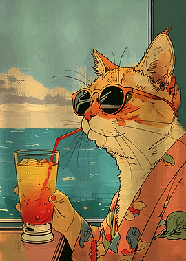 Cat in Sunglasses Drinking Cocktail