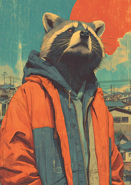 Raccoon in a Hoodie and Jacket trip Japan