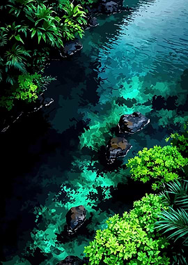 Lush Jungle River with Rocks