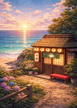 Tranquil Japanese Tea House by the Sea