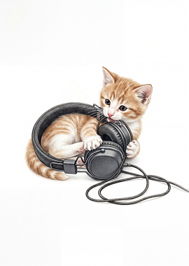 Kitten Playing with Headphones