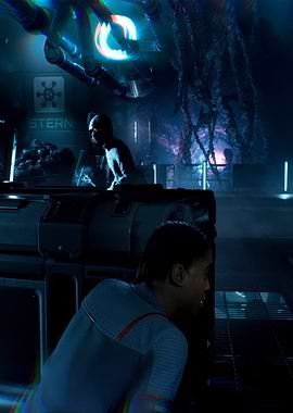 Sci-fi characters in a dark laboratory