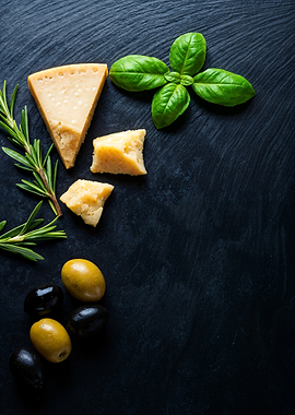 Parmesan cheese with olives and herbs