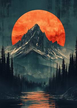 Mountain Landscape with Orange Moon