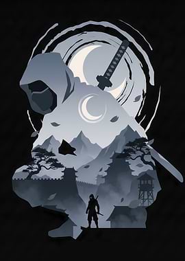 Ninja Silhouette in Moonlit Landscape