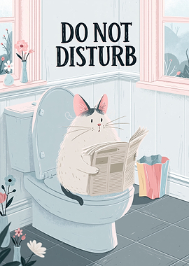 Cat Reading Newspaper on Toilet